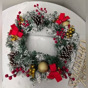 17x17 Christmas Holly Berry Wreath Flocked with Gold Merry Christmas Sign Hangin